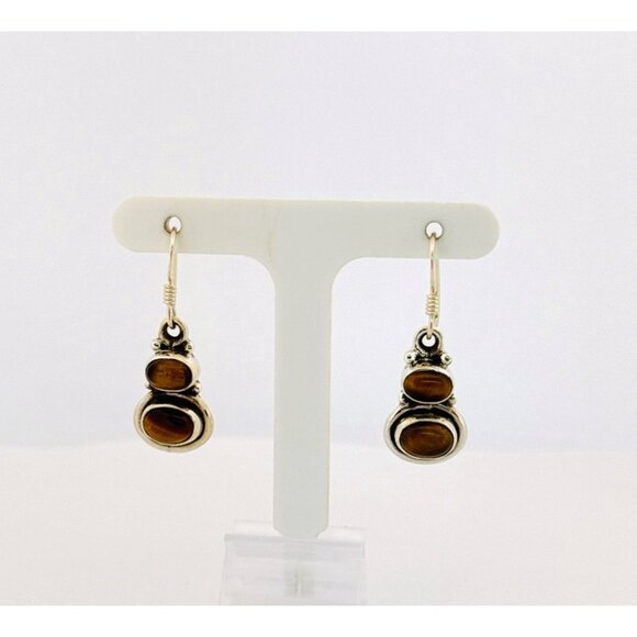Estate Sterling Silver 925 Tiger Eye Oval Drop Dangle Earrings 5.47g Hook - Picture 2 of 11